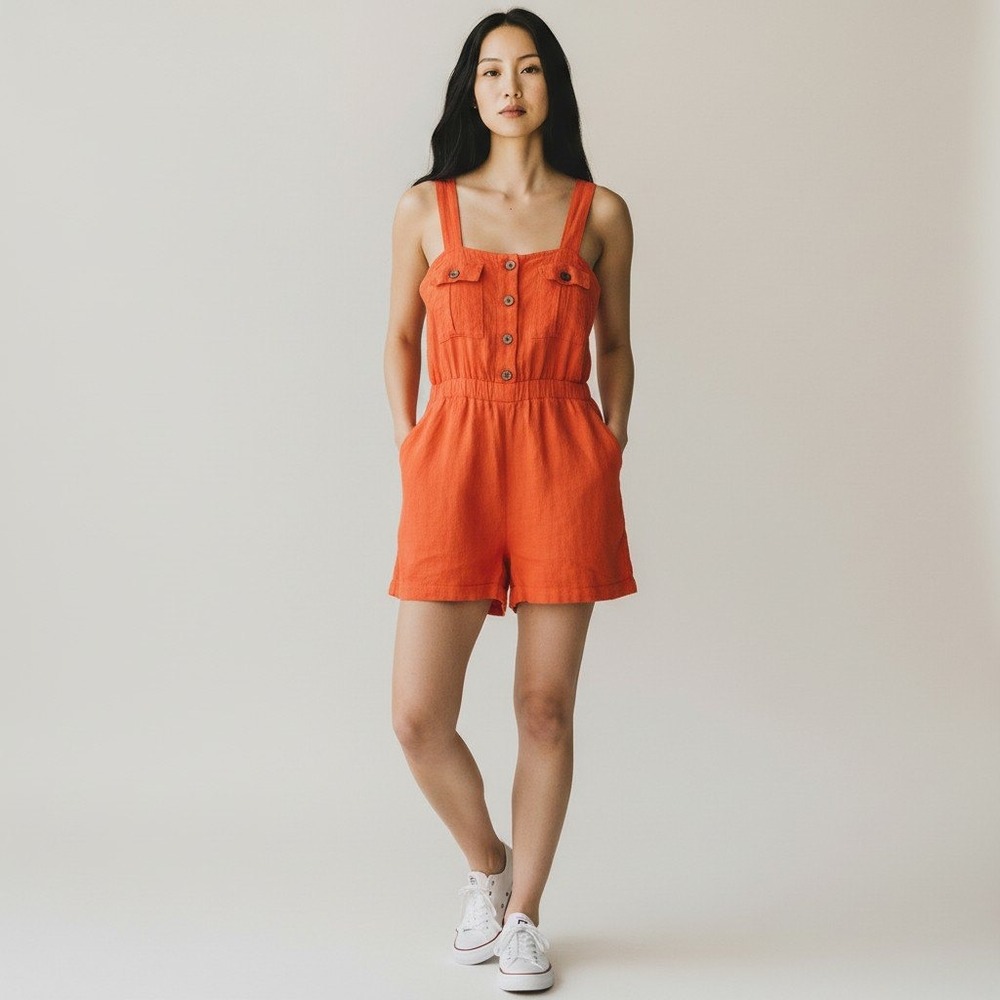 Urban Outfitters Malibu Button-Down Linen Blend Romper Size XS Orange Sleeveless